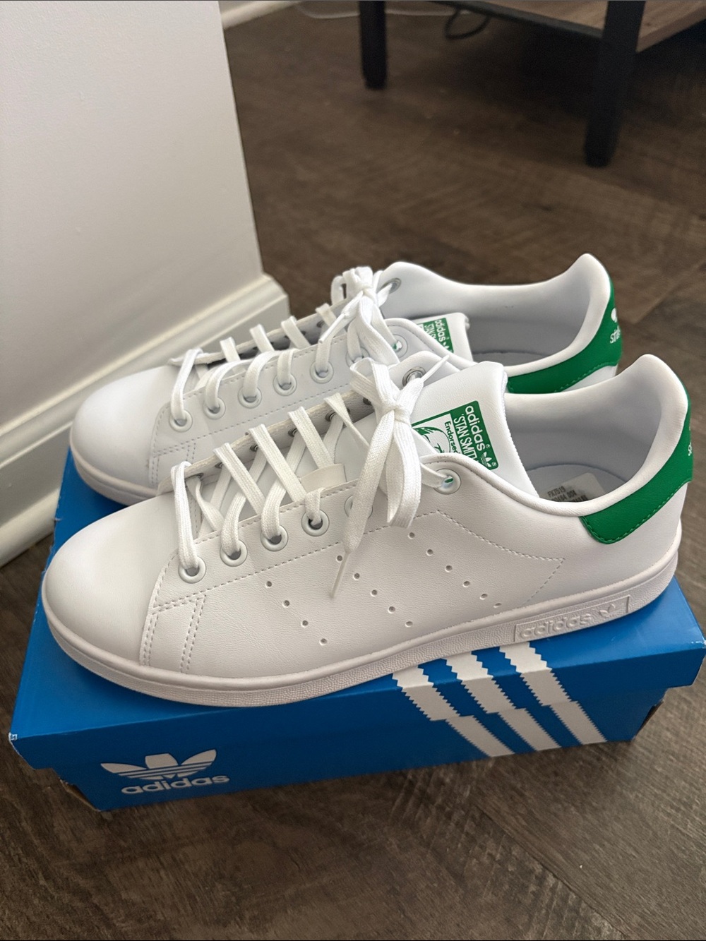 adidas White Stan Smith Sneaker with Green Tongue Logo